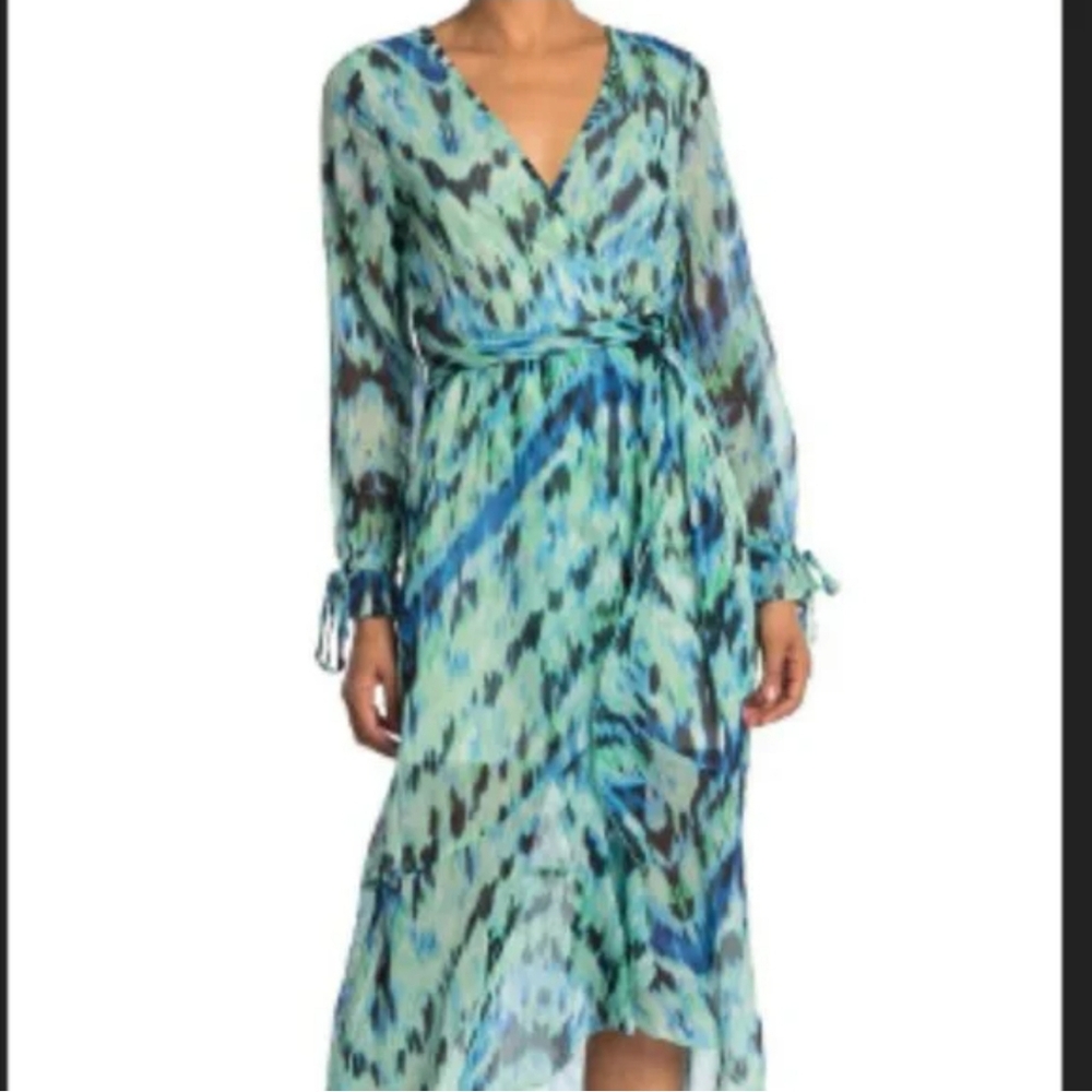 Kendall + Kylie Teal Blue Abstract‎ Patterned Maxi Faux Wrap Dress